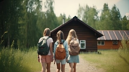 Obraz premium Girls with backpacks walking through summer camp. back view. realistic photgraphy dslr, generative ai