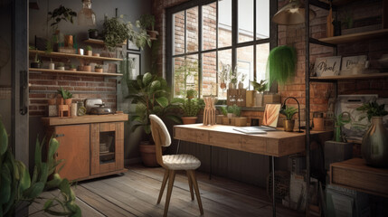 Fototapeta na wymiar A home office interior idea, with industrial, bohemian, and naturalist design elements. Generative-AI-assisted interior inspiration, natural furniture concept