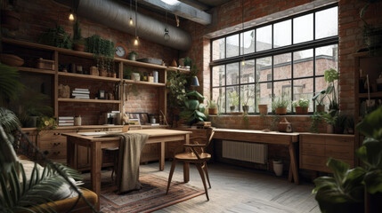 Fototapeta na wymiar A home office interior idea, with industrial, bohemian, and naturalist design elements. Generative-AI-assisted interior inspiration, natural furniture concept
