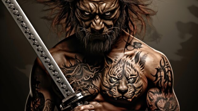 lion face on a man's body with a katana, Japanese, fighting, martial arts, realistic, finely detailed, photographic, generative ai