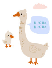 Goose talking. Cute farm animal making hhonk sound