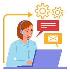 Woman in headset answering client. Customer service concept