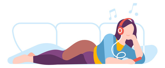 Woman lying on couch and listening music. Home relaxing concept