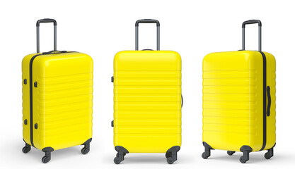 Set of luggage with beach accessories for summer holidays on white background.