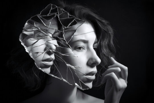 evocative portrait of a woman with a broken mirror, symbolizing shattered dreams, self-reflection, and the complexities of identity, generative ai