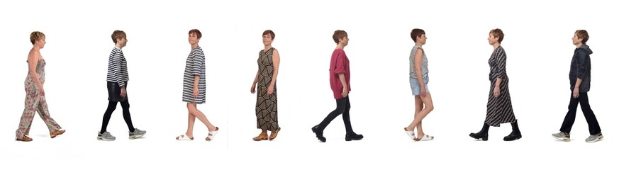 side view of the same woman in different outfits walking on white background