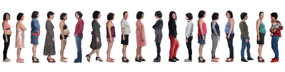 line of side view of the same woman in different outfits at different times in her life on white...