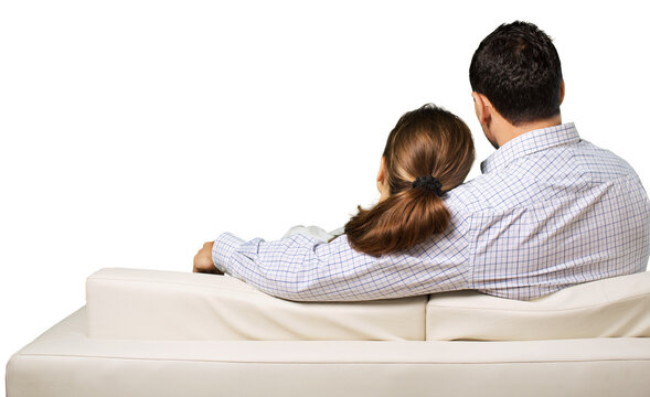 Couple sitting on couch, back view,isolated on white
