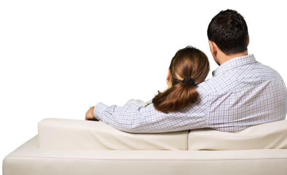 Couple sitting on couch, back view,isolated on white