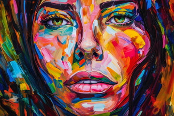 Expressive portrait of a woman with exaggerated colors in neo-expressionism art style, generative ai