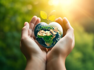 Planet earth in human hands on nature background. Save earth concept.