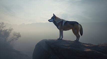 women wolf hybrid, howling to the moon on top of a rock, painting, ambient light, fog, wide angle, 8k, epic, ray traced, sharp focus, depth of field, realistic, photography, generative ai