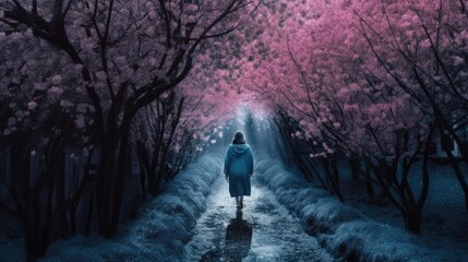 woman wandering in a pink Japanese Cherry blossoms forest at night, ultra detailed, lifelike, beautiful blue - silver background, realistic, photography, generative ai