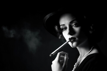 Obraz premium Film Noir Femme Fatale with a Big Cigarette, generative ai