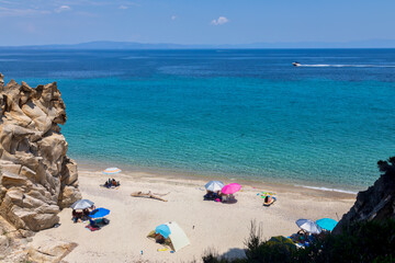View on calm Fava sand beach near Vourvourou, Greek peninsula Sithonia, Chalkidiki