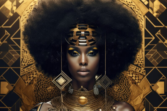 Fierce And Regal Portrait Of A Woman With A Stunning Afro Hairstyle, Adorned With Intricate Gold Jewelry And Surrounded By Floating Geometric Shapes, Generative Ai