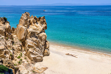 View on calm Fava sand beach near Vourvourou, Greek peninsula Sithonia, Chalkidiki