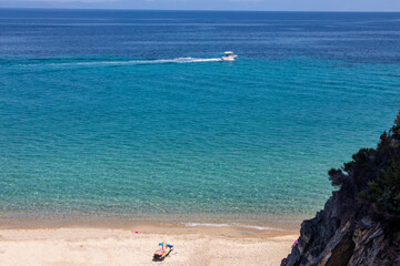 Fototapeta na wymiar View on calm Fava sand beach near Vourvourou, Greek peninsula Sithonia, Chalkidiki