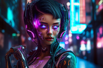 Futuristic portrait of a female cyborg with glowing cybernetic eyes and a metallic arm, standing in front of a neon-lit cityscape, generative ai