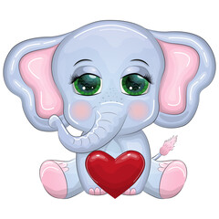 Cute cartoon elephant, childish character with beautiful eyes with a heart.