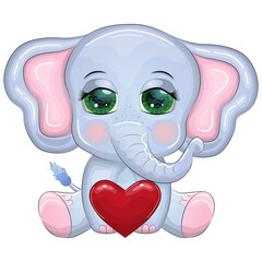 Cute cartoon elephant, childish character with beautiful eyes with a heart.