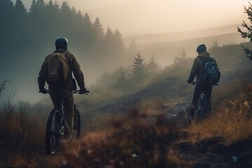 Obraz premium Discovering Adventure: Exploring Scenic Landscapes on Bikes and Enjoying Outdoor Sports and Activities. Generative AI