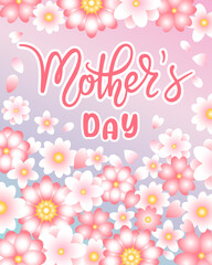 Happy Mother's Day poster with pink and white flowers and with hand written lettering. Modern calligraphy on gradient background. Vector floral design template, greeting card, frame, banner. 