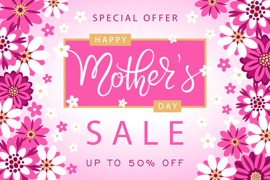 Happy Mother's Day sale banner with pink and white flowers. Elegant hand written lettering on pink background. Vector illustration for poster or banner design. 