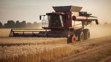 Fototapeta premium Productive Summer Day: Combine Harvester Collecting Bountiful Wheat