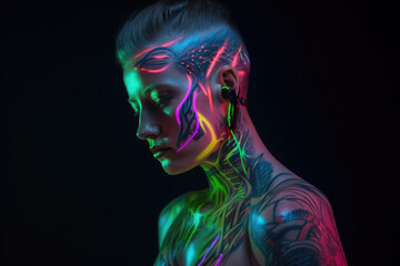 Futuristic Woman with Cyberpunk Body Art and Neon Hues, generative ai