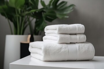 Stack of towels white and fresh on the tabletop, generative ai image