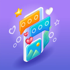 Trending 3D Isometric, cartoon icon. Speech bubbles messages and comments on photos in the app. Discussion on social networks. Vector illustration for website