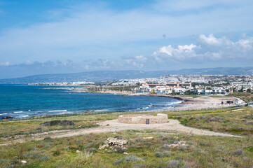 Fototapeta na wymiar Paphos, Paphos District, Cyprus - High angle view from the Fabrica Hill over the bay of Paphos