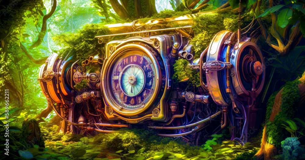 Poster digital painting of clock in the middle of forest filled with plants. generative ai.