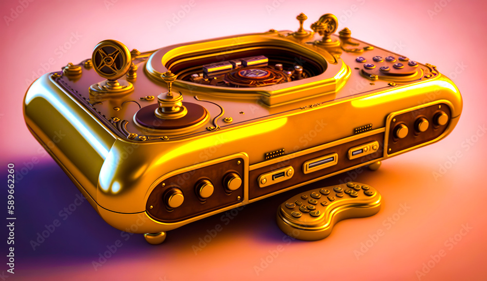 Poster golden record player sitting on top of pink table next to remote control. generative ai.