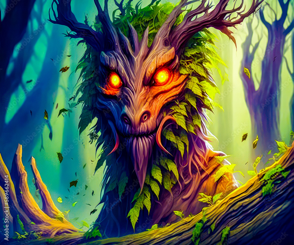Poster painting of tree with glowing eyes and face in the middle of forest. generative ai.