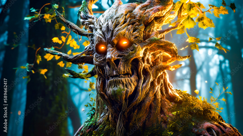 Poster close up of tree man with glowing eyes in forest with yellow leaves. generative ai.