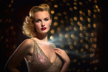Glamorous Hollywood Starlet Portrait of a woman in a glamorous 1940s-style gown and jewelry, standing in front of a glittering Hollywood backdrop, generative ai - obrazy, fototapety, plakaty