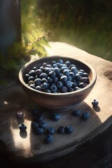 Fototapeta na wymiar Rustic bowl overflowing with freshly picked blueberries