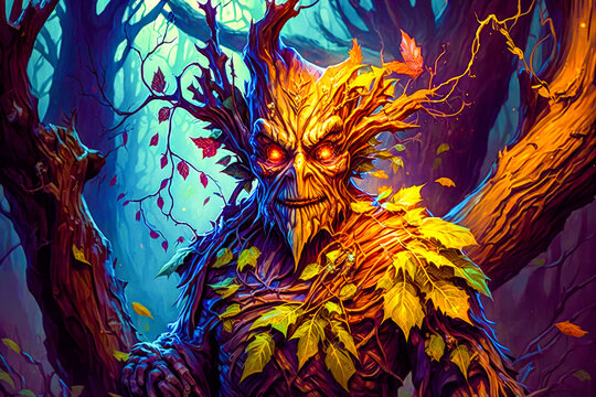 Painting of man with tree on his head and leaves on his body. Generative AI.