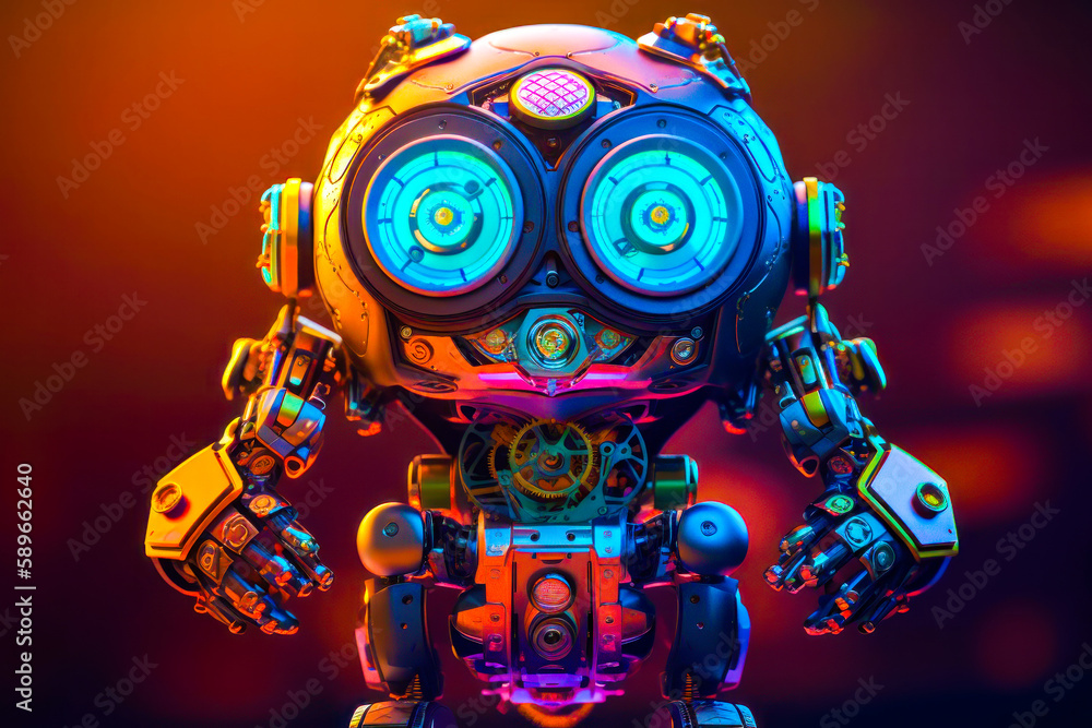 Poster robot with lot of lights on it's head and legs. generative ai.