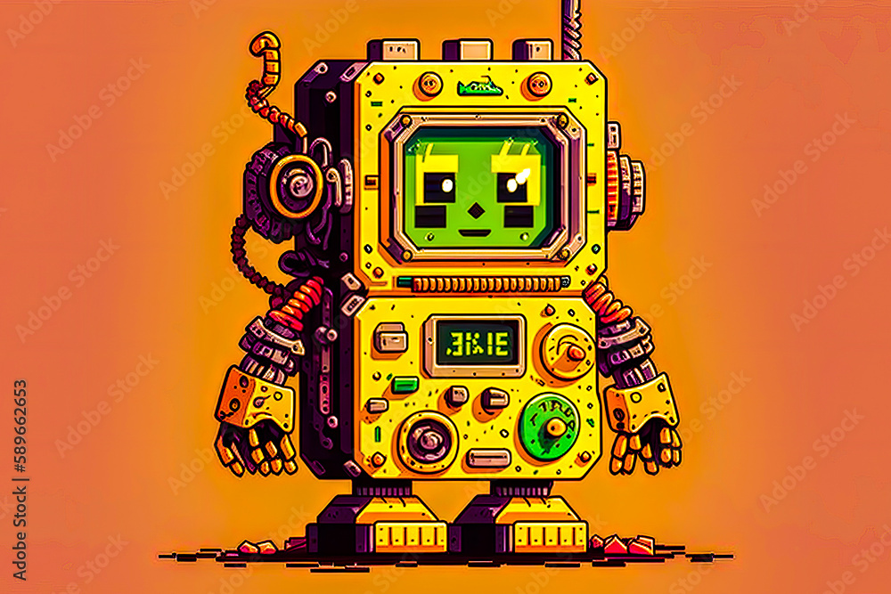 Aufkleber yellow robot with green face and clock on it's face. generative ai.