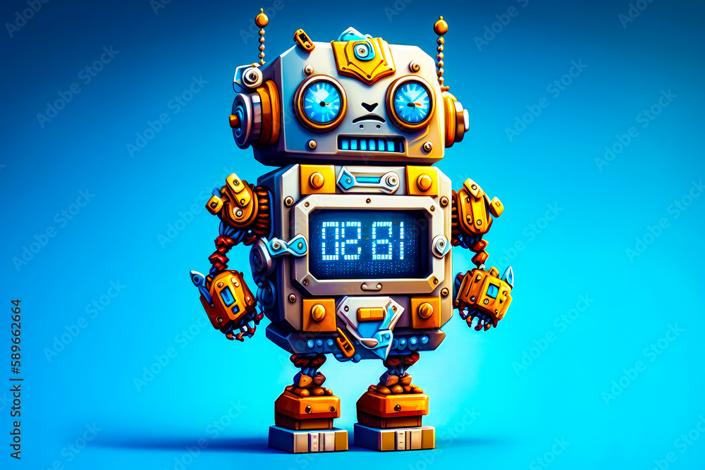 Poster digital clock sitting on top of yellow robot figure on blue background. generative ai.