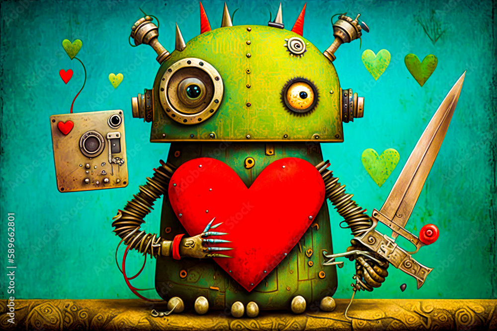 Poster painting of robot holding heart and robot with gun. generative ai.