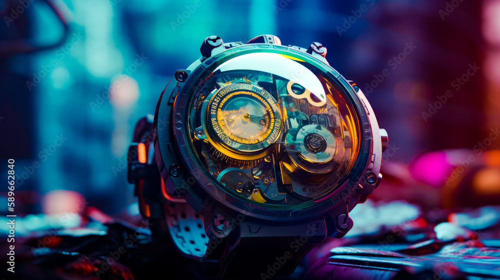 Poster close up of watch on table with blurry background. generative ai.