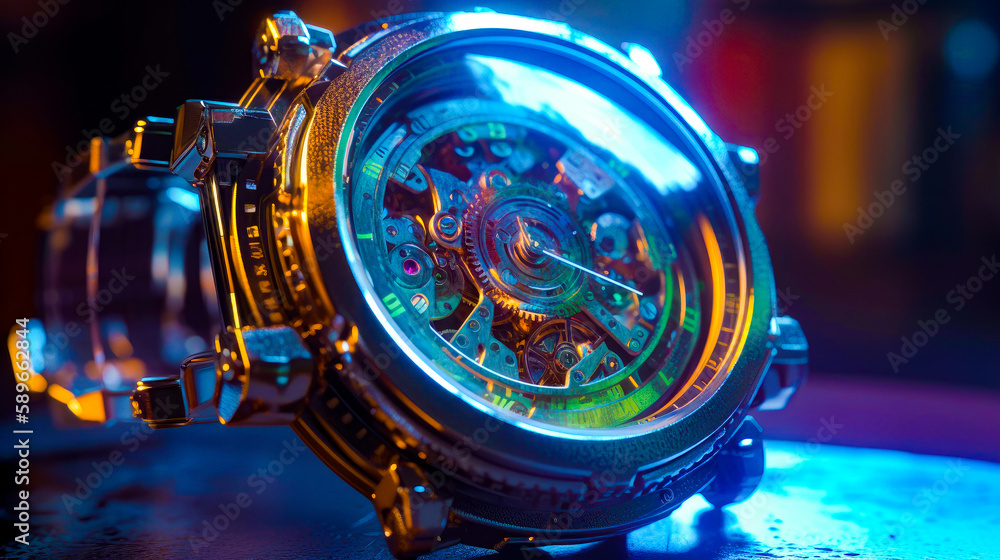 Poster close up of watch on table with blurry background. generative ai.