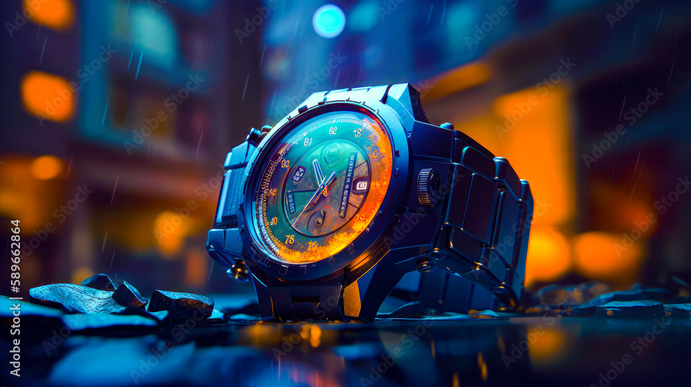 Poster close up of watch on table with blurry background. generative ai.