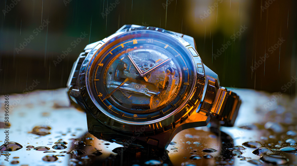 Poster close up of watch on table with water droplets on it. generative ai.
