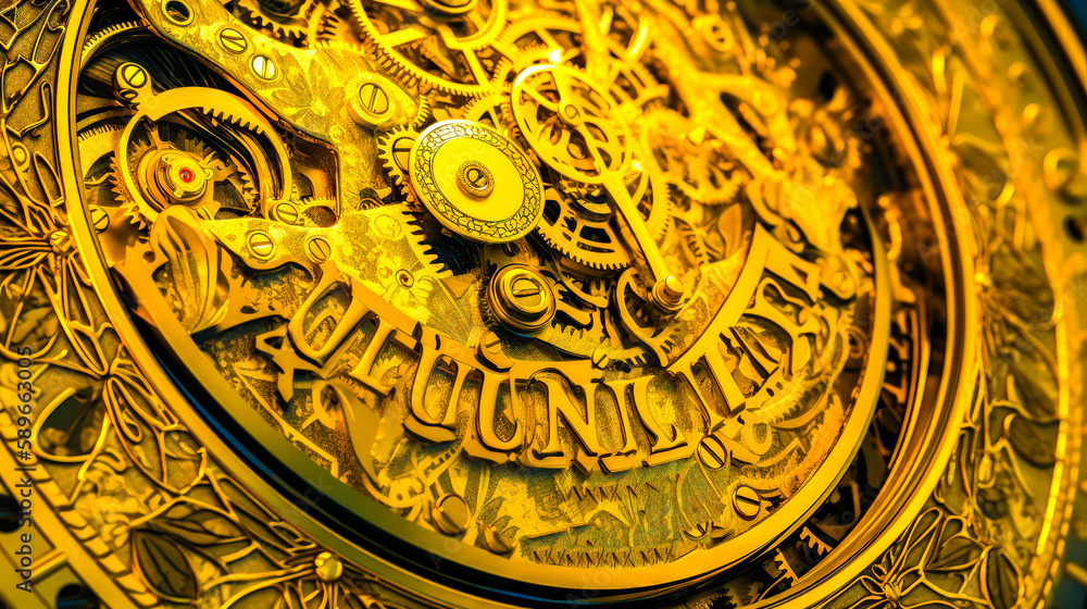 Poster close up of gold pocket watch with gears and numbers on it. generative ai.