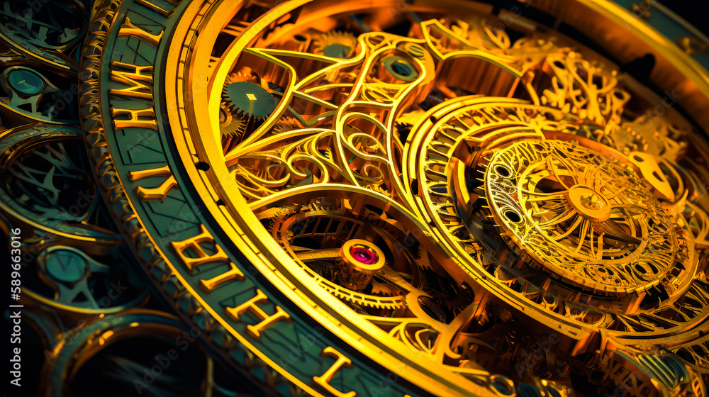 Poster close up of clock with gold and green design on it. generative ai.
